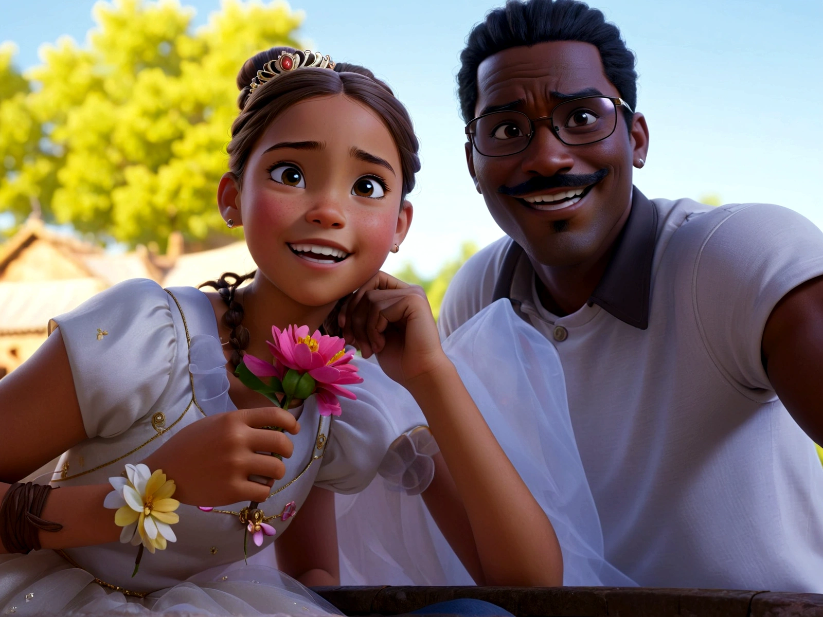 Background: with cloud and a tree with an atmosphere of joy. Two people are talking, laughing.  
Characters: Girl of approximately 9 , honey-colored skin, with brown hair tied up and a tiara with a flower on the left side, her brown eyes are sitting, looking around. Black man with black hair with mustache, dark brown eyes, wearing glasses talking to the girl. High Quality Disney Pixar Cartoon Image.