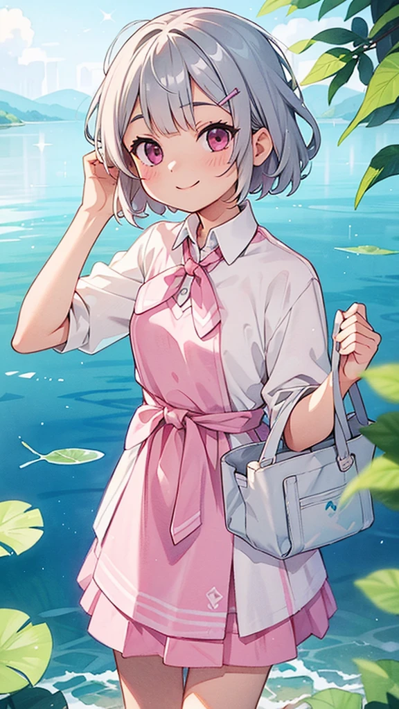 (Highest quality,masterpiece,Surreal), (Professional photography:1.2), 1 Girl, Silver short hair and bob hair、Tie your hair up with a hair clip、Pink Eyes、smile、pastel colour、Watercolor style、water colored pencils、Paper Texture,