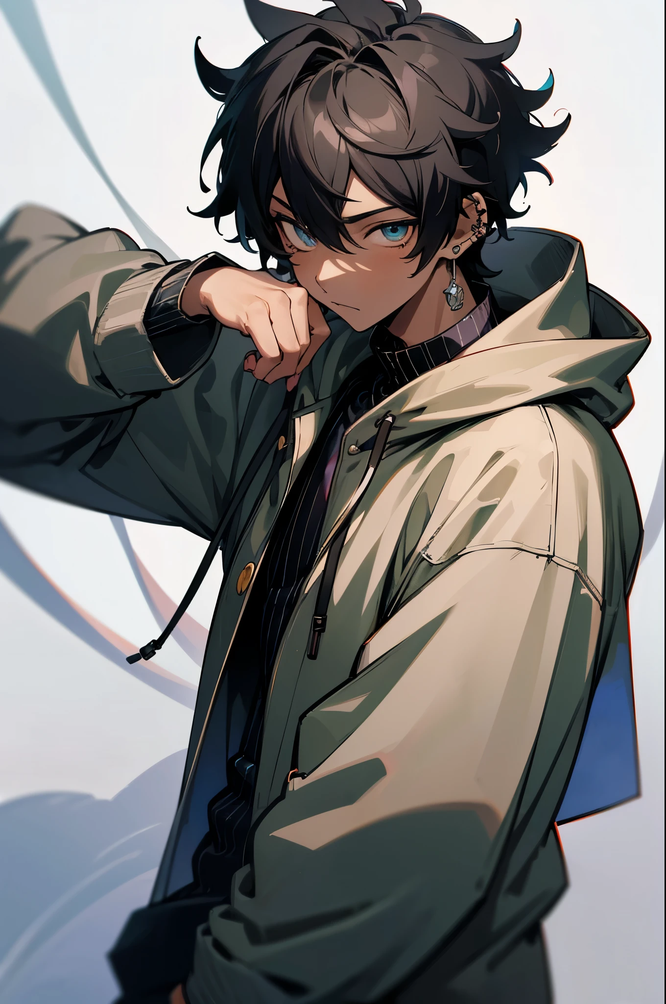 (Best quality, 8k, 32k, Masterpiece, UHD:1.2) dark skin boy with earphones and a hoodie listening to music, young anime man, inspired by Okumura Masanobu, inspired by Okumura Togyu, as an anime character, ear piercings, black camo hoodie, striped shirt