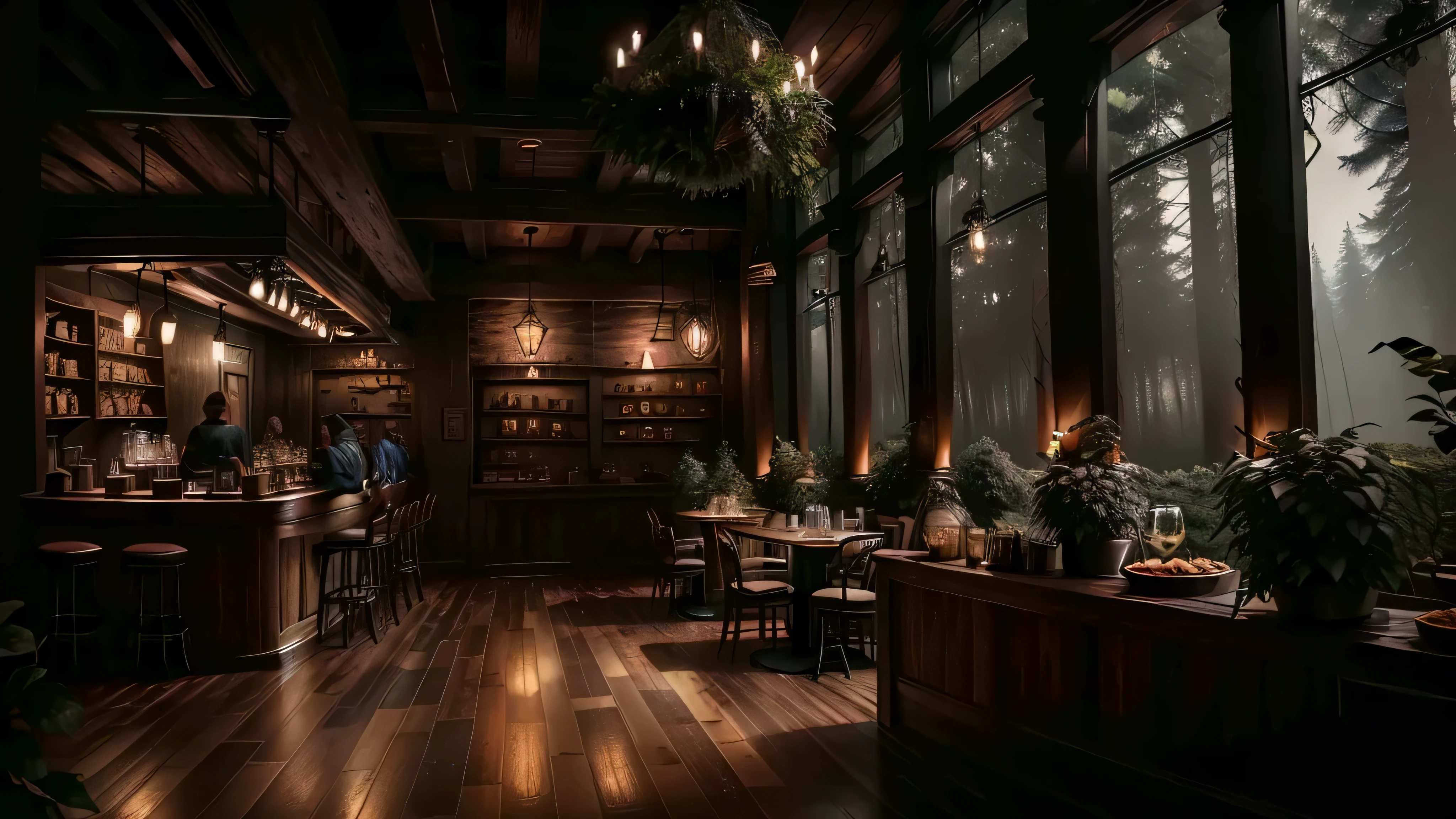 pitch black forest cafe, moody interior, dim lighting, wooden furniture, rustic decor, lush greenery, nature-inspired, atmospheric, cozy, inviting, customers enjoying coffee and desserts, barista preparing drinks, detailed scene