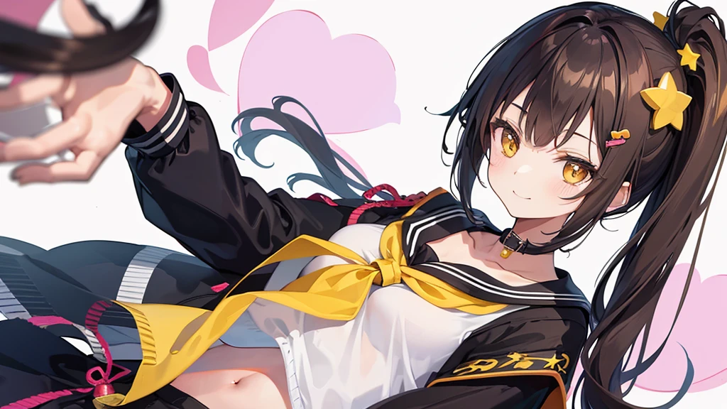 Ichige style, One girl, alone, Brown Hair, heart, hair ornaments, , Side Ponytail, smile, View your viewers, neckerchief, Upper Body, heart hair ornaments, cardigan, Sailor collar, Seraph, black Sailor collar, bangs, Yellow Eyes, Mouth closed, Long Hair, Brown eyes, purple neckerchief, Striped background, clavicle, Striped, Polka dot pattern, star (symbol)
