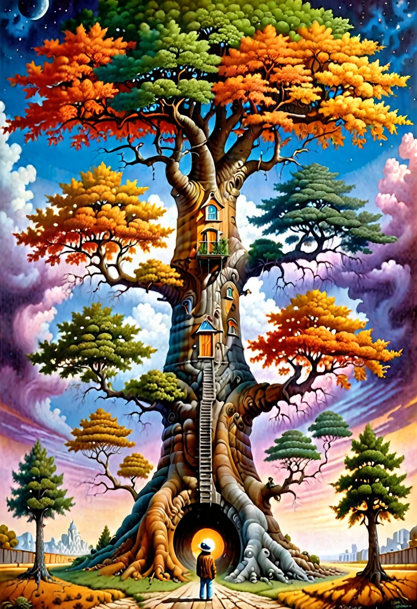 there is a man standing in front of a big tree, a surrealist painting inspired by Jacek Yerka, shutterstock contest winner, pop surrealism, jacek yerka and vladimir kush, rob gonsalves and tim white, jim warren and rob gonsalves, sylvain sarrailh and igor morski, giant tree, rob mcnaughton