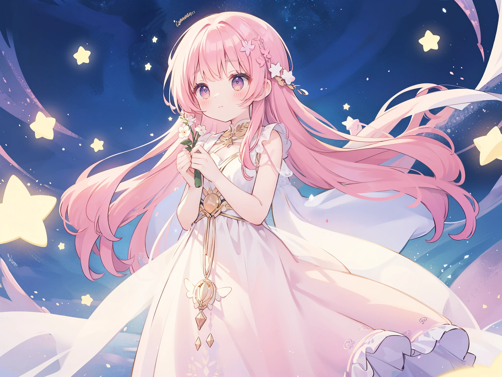 complex background, wishing star background, a woman wearing an ethereal mystical pink translucent dress that reflects the stars, dreamy, peaceful, serene composition, glowing stars, glowing, mystic, complex drawing, highly detailed, ethereal, starry night, midjourney style