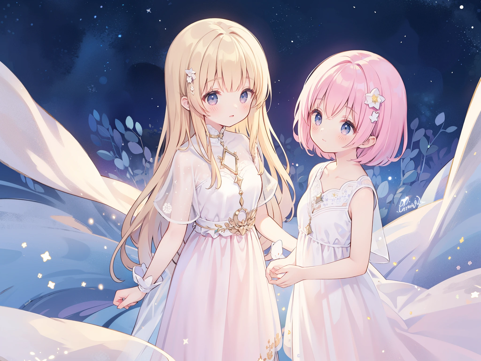 complex background, wishing star background, a woman wearing an ethereal mystical pink translucent dress that reflects the stars, dreamy, peaceful, serene composition, glowing stars, glowing, mystic, complex drawing, highly detailed, ethereal, starry night, midjourney style