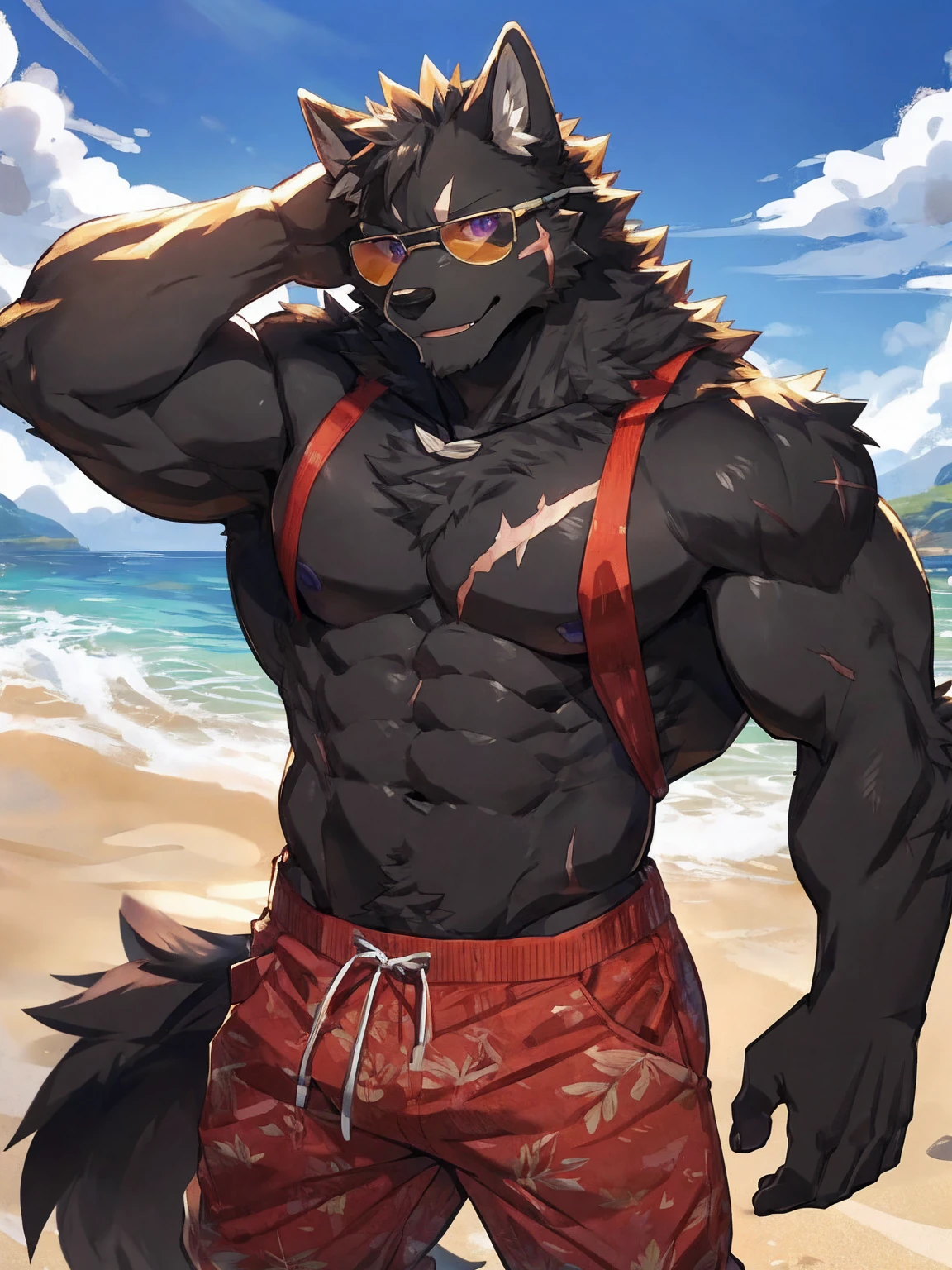 embedding:black wolf, male,purple eyes,Scar on the face, scar on the body,Single Person,sunglasses,Black fur.A swimsuit,Beach Pants，Mature, The highest quality of scene detail,adult,Tall and powerful,muscle，Best quality hands, best quality eye，detailed fur，Delicate eyes.Extreme picture quality，by sollyz,by zixiong,by milkytiger1145