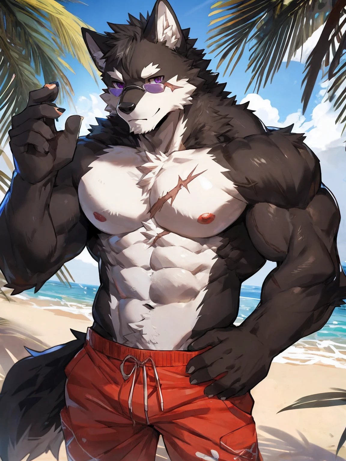 embedding:black wolf, male,purple eyes,Scar on the face, scar on the body,Single Person,sunglasses,Black fur.A swimsuit,Beach Pants，Mature, The highest quality of scene detail,adult,Tall and powerful,muscle，Best quality hands, best quality eye，detailed fur，Delicate eyes.Extreme picture quality，by sollyz,by zixiong,by milkytiger1145