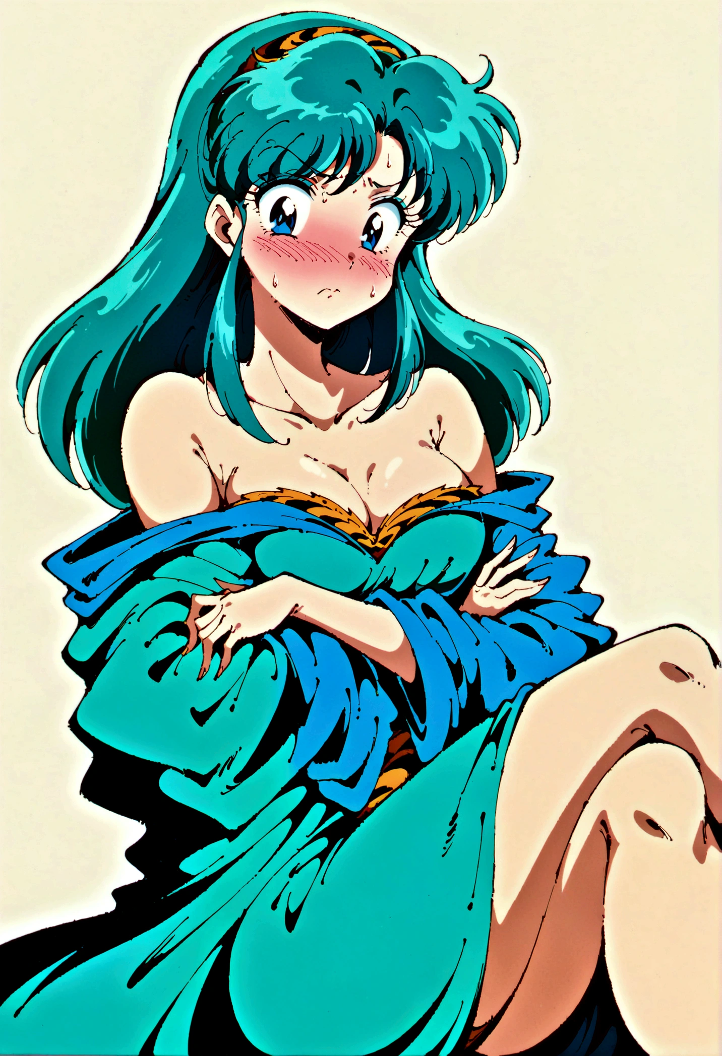 lum, solo, retro artstyle, 1980s style, lum, solo, pigtails hair, breasts, blue eyes, eyeshadow, green hair, bangs, aqua hair, tsundere, oversized clothes, lace, (exquisite clothes, detailed clothes), cute and lying on its side, crossed legs, crossed arms, bedroom background, embarrassed, blush, angry, from side,