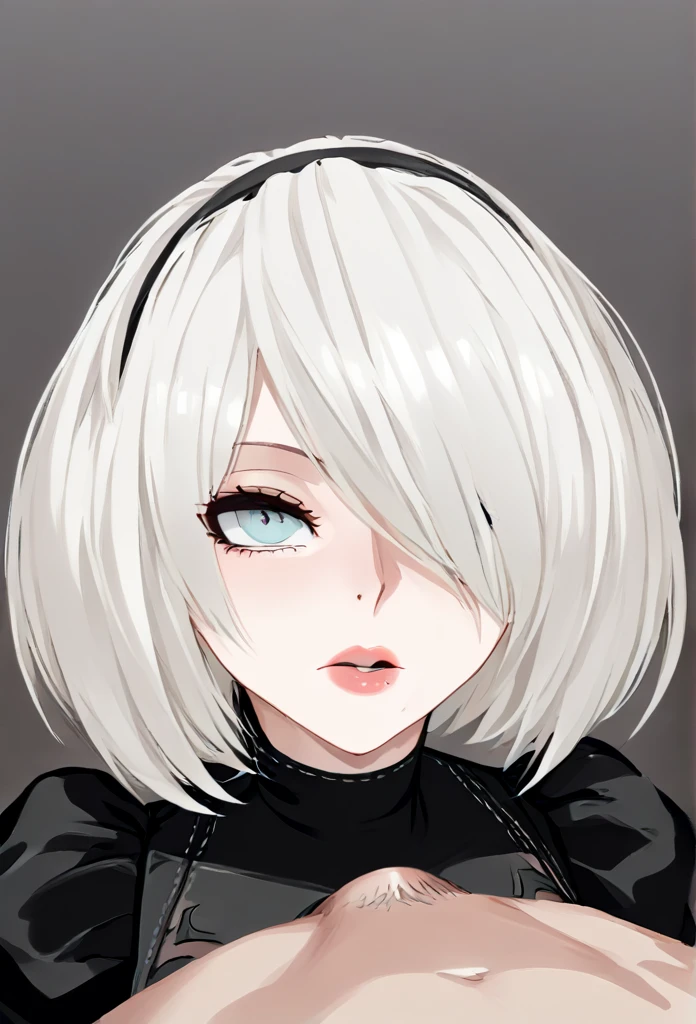 yorha 2B, Nier automata, mature woman, mature face, glossy lips, white hair, bob hair, (dick in eye, ddick poking eye, dick stabbing eye, dick penetrating eye, eye guro, eye gore)