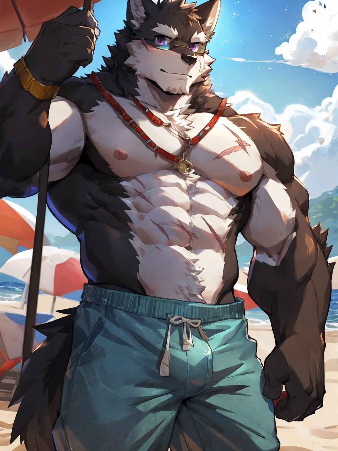 embedding:black wolf, male,purple eyes,Scar on the face, scar on the body,Single Person,sunglasses,Black fur.A swimsuit,Beach Pants,Mature, The highest quality of scene detail,adult,Tall and powerful,muscle,Best quality hands, best quality eye,detailed fur,Delicate eyes.Extreme picture quality,by sollyz,by zixiong,by milkytiger1145