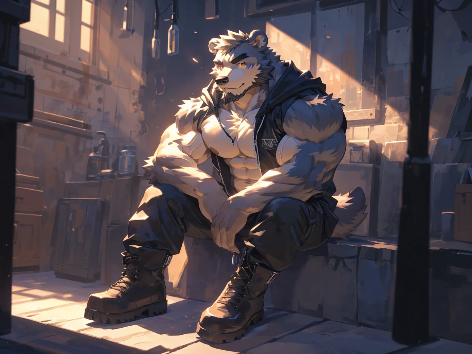 (masterpiece:1.2), best quality,pixiv,official art,perfect anatomy, (Ray tracing, light),solo, (1_male:1.3) , (muscle), (gray fur:1.4), (muscle bear), (beard:1.2), (gleaming golden eyes), Thick black eyebrows, open hoodie, (naked inside:1.2), cargo pants, (boots:1.2), portrait, sitting alone