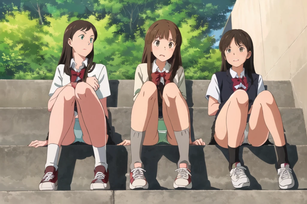 Highest quality, Ultra-high resolution, (Realistic: )2D official style cel animation,((Three  high school girls sitting in a row))Middle 、mini skirt,Summer Shirts,(Lace panties),loose socks,sneakers,Full body portrait,(From below),Station stairs,sunny,Embarrassed face,Spread your legs、from the front