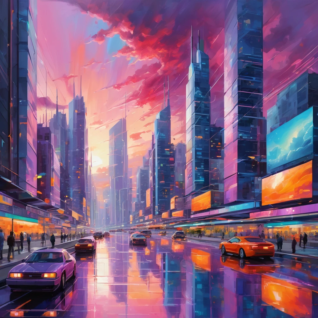Create an astonishingly vibrant and dynamic scene in the "Acrylic Art" style. Imagine a bustling, futuristic cityscape at dusk, with towering skyscrapers adorned with neon lights and digital billboards. The streets below are alive with activity, featuring a diverse array of people, vehicles, and street vendors. In the foreground, a sleek, reflective river winds through the city, mirroring the colorful lights and adding a sense of depth. The sky above is a mesmerizing blend of purples, pinks, and oranges, with dramatic clouds adding texture and movement. Use bold, expressive brushstrokes and a rich color palette to convey the energy and vibrancy of the scene. Include small details like flying cars, holographic advertisements, and futuristic architecture to create a sense of wonder and innovation. The entire image should evoke a feeling of awe and excitement, capturing the essence of a lively, futuristic metropolis through the dynamic and vivid medium of acrylic art.