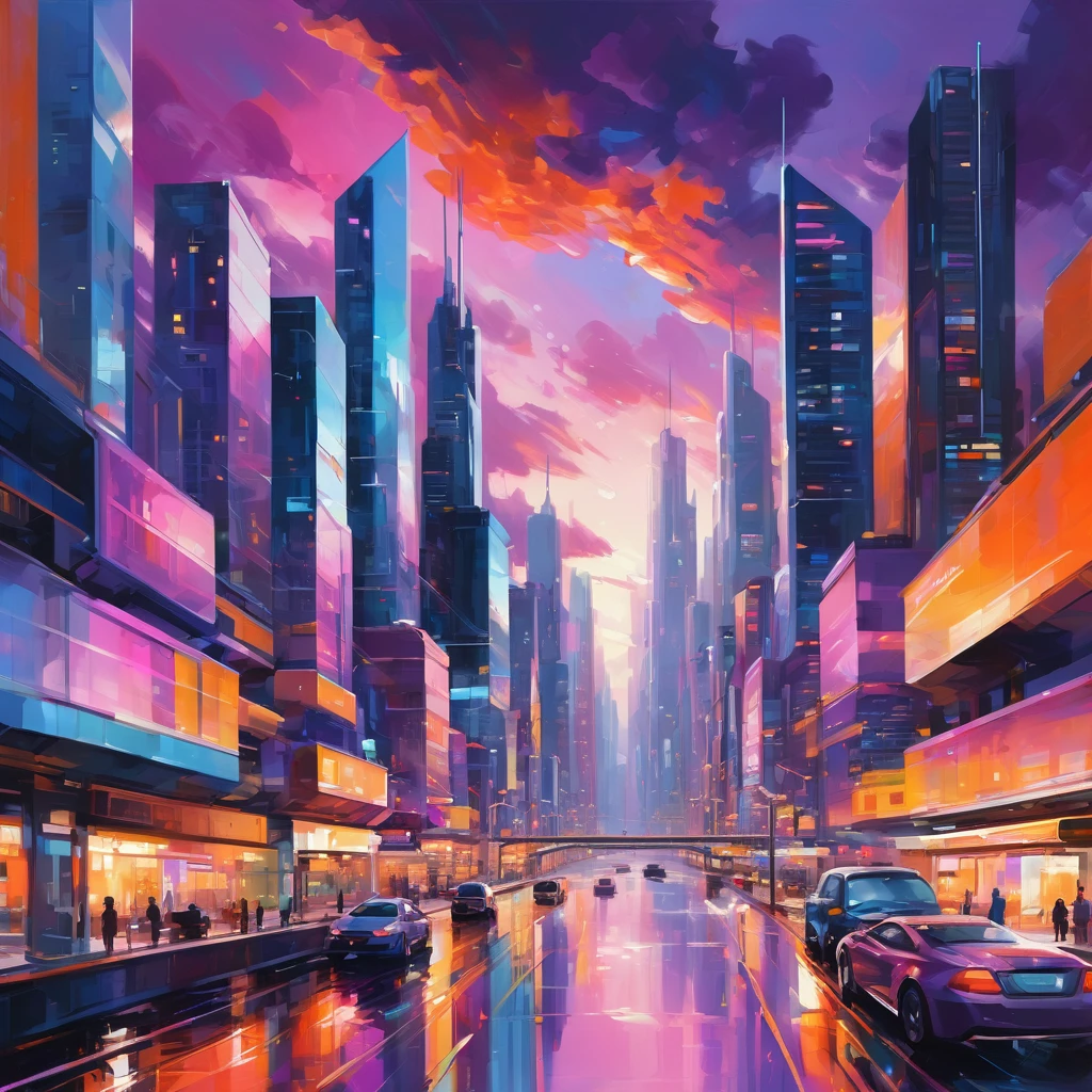 Create an astonishingly vibrant and dynamic scene in the "Acrylic Art" style. Imagine a bustling, futuristic cityscape at dusk, with towering skyscrapers adorned with neon lights and digital billboards. The streets below are alive with activity, featuring a diverse array of people, vehicles, and street vendors. In the foreground, a sleek, reflective river winds through the city, mirroring the colorful lights and adding a sense of depth. The sky above is a mesmerizing blend of purples, pinks, and oranges, with dramatic clouds adding texture and movement. Use bold, expressive brushstrokes and a rich color palette to convey the energy and vibrancy of the scene. Include small details like flying cars, holographic advertisements, and futuristic architecture to create a sense of wonder and innovation. The entire image should evoke a feeling of awe and excitement, capturing the essence of a lively, futuristic metropolis through the dynamic and vivid medium of acrylic art.