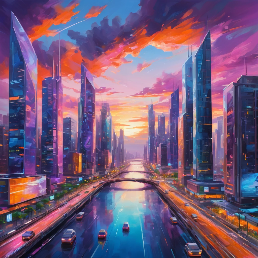 Create an astonishingly vibrant and dynamic scene in the "Acrylic Art" style. Imagine a bustling, futuristic cityscape at dusk, with towering skyscrapers adorned with neon lights and digital billboards. The streets below are alive with activity, featuring a diverse array of people, vehicles, and street vendors. In the foreground, a sleek, reflective river winds through the city, mirroring the colorful lights and adding a sense of depth. The sky above is a mesmerizing blend of purples, pinks, and oranges, with dramatic clouds adding texture and movement. Use bold, expressive brushstrokes and a rich color palette to convey the energy and vibrancy of the scene. Include small details like flying cars, holographic advertisements, and futuristic architecture to create a sense of wonder and innovation. The entire image should evoke a feeling of awe and excitement, capturing the essence of a lively, futuristic metropolis through the dynamic and vivid medium of acrylic art.