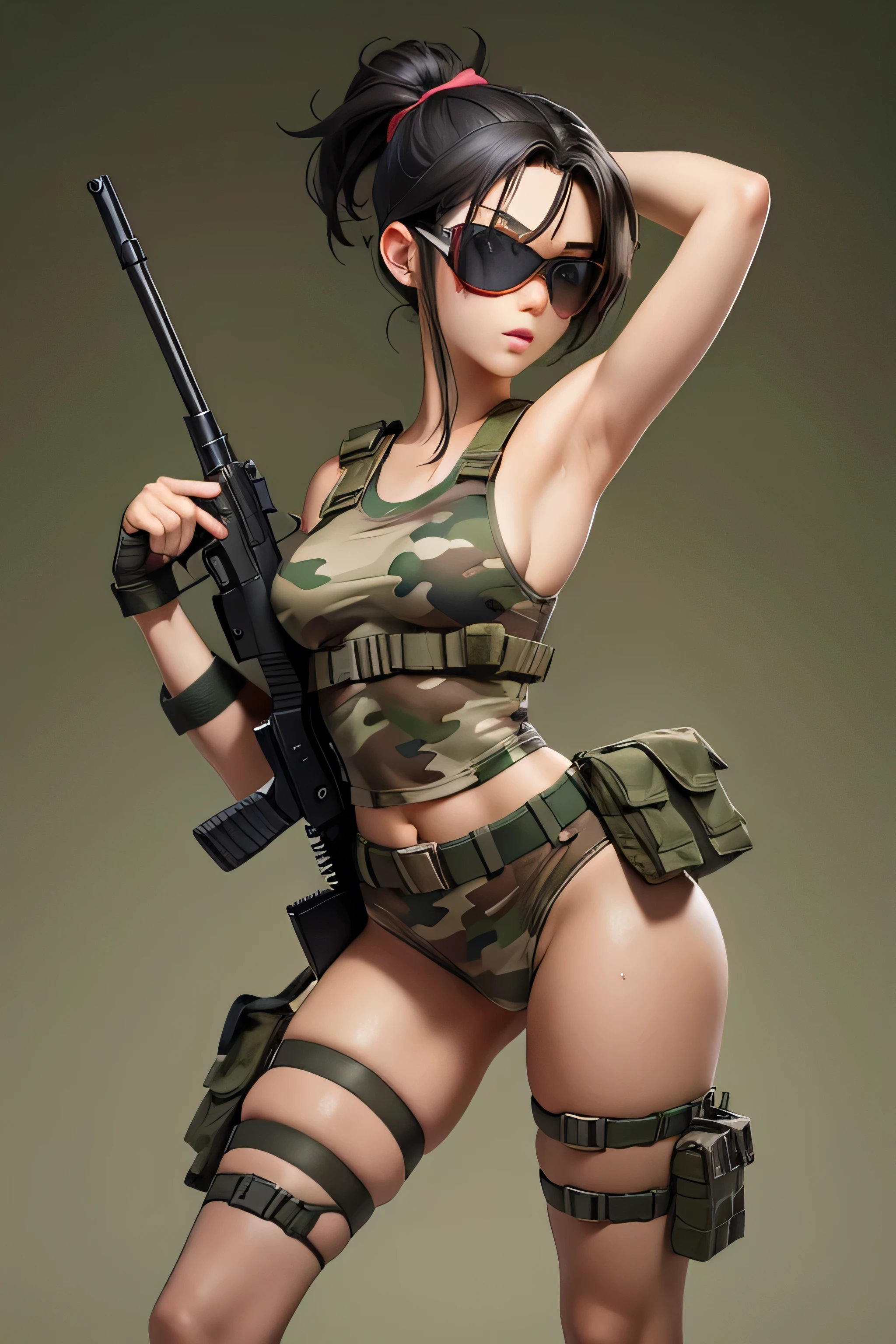 female model, black hair, sweaty, skimpy green and brown camo outfit, perfect body, nice ((eyes)), wearing skimpy airsoft camo outfit, excited and very happy, great composition. attractive pose, at airsoft field, very skimpy military outfit, masterpiece, professional photo, full body, holding gun, anime style, victory, no background, slutty and fun, ((wearing eye protection))