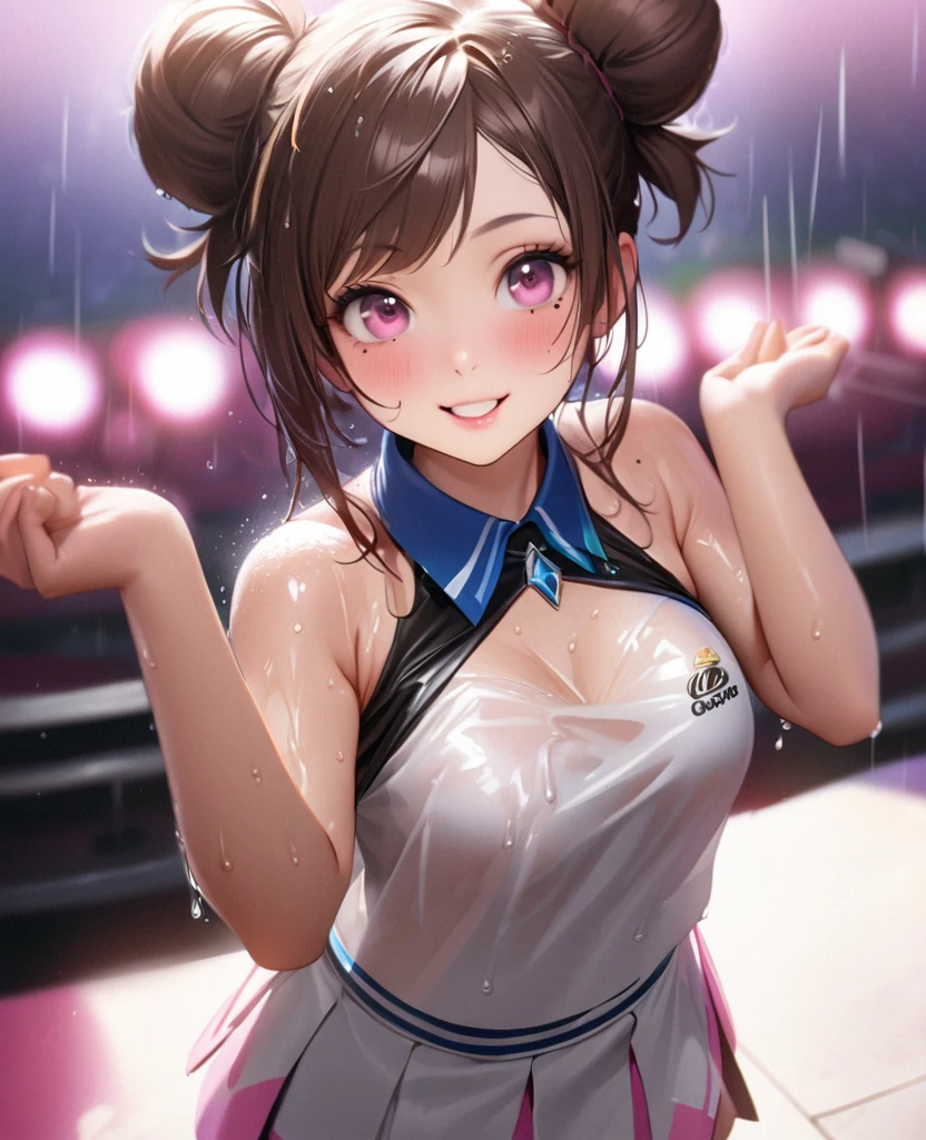 One Girl、Looking at the audience、lovely,
Beautiful pink eyes、Two brown double hair buns , Mole under the eye、Plump and glossy lips、Heart-shaped choca、Dance team uniformini skirt, Her name is May,smile、ー、。.。.。.。.。.。.。.。.。.。.。.。.。.。.。.。.。.。.3D、Realistic、
Dance team uniforms was soaked in the heavy rain, and her chest was wet and transparent.Heavy rain at outdoor concert, Drape clothes、gem、The decoration has been removed、Floral、Lace trim,On a glittering stage、
masterpiece、highest quality、8k、Detailed skin texture、Detailed cloth texture、Beautifully detailed face、Intricate details、Very detailed、
超A high resolution、8k Ultra HD、Film Grain、Best Shadow、delicate、Gazing at the audience、front