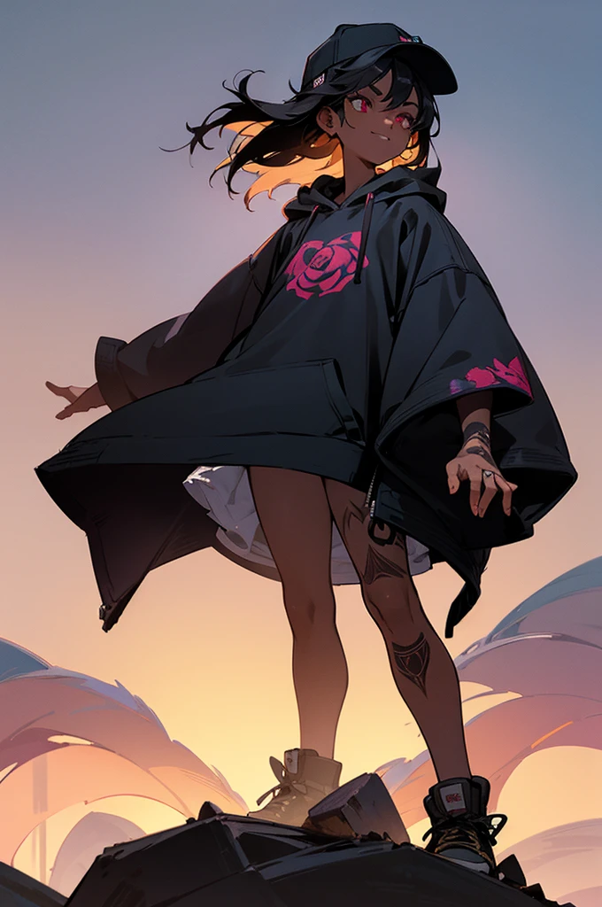 1female, adult, dark skin, finely detailed rose eyes, short messy hair, black ombré hair color, undercut, loose oversized hoodie, reverse baseball cap, standing with arms folded, standing on open trail, night, confident smile, village, serious, tattoos
