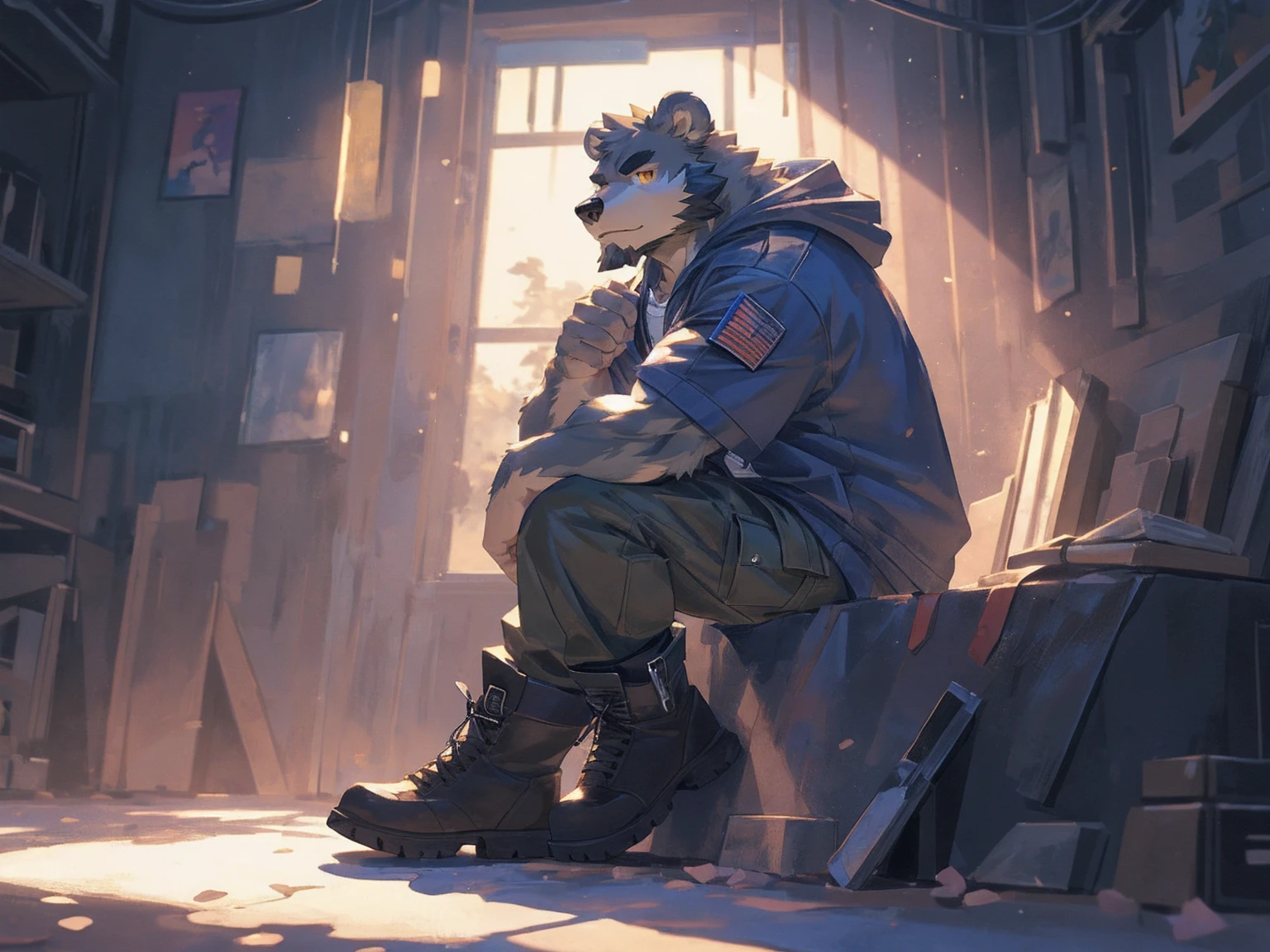 (masterpiece:1.2), best quality,pixiv,official art,perfect anatomy, (Ray tracing, light),solo, (1_male:1.3) , (muscle), (gray fur:1.4), (muscle bear), (beard:1.2), (gleaming golden eyes), Thick black eyebrows, open hoodie, (naked inside:1.2), cargo pants, (boots:1.2), portrait, sitting alone