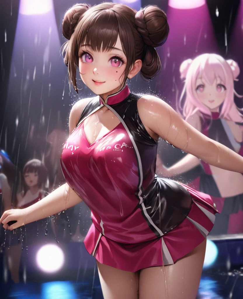 One Girl、Looking at the audience、lovely,
Beautiful pink eyes、Two brown double hair buns , Mole under the eye、Plump and glossy lips、Heart-shaped choca、Dance team uniforms, mini skirt、Her name is May,smile、ー、。.。.。.。.。.。.。.。.。.。.。.。.。.。.。.。.。.。.3D、Realistic、
Dance team uniforms was soaked in the heavy rain, and her chest was wet and transparent.Heavy rain at outdoor concert, Drape clothes、gem、The decoration has been removed、Floral、Lace trim,On a glittering stage、
masterpiece、highest quality、8k、Detailed skin texture、Detailed cloth texture、Beautifully detailed face、Intricate details、Very detailed、
超A high resolution、8k Ultra HD、Film Grain、Best Shadow、delicate、Gazing at the audience、front