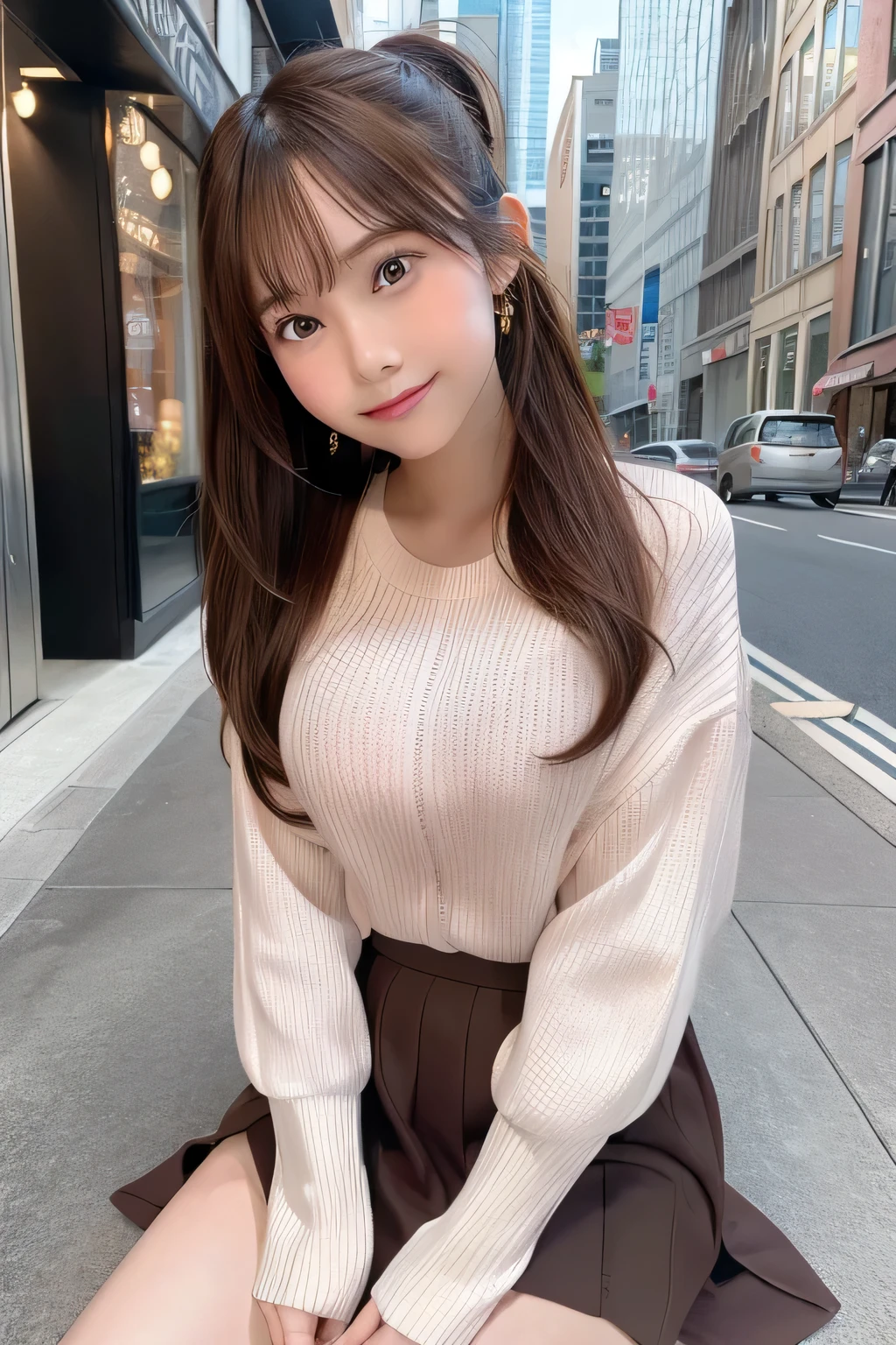 One Girl, Very cute face,masterpiece, Highest quality, Ultra-fine、huge , Brown Hair, Laughter, Sit on, Send glances, Skirt, skyscraper、Extreme、City scenery, city, ponytail, shirt, bust、Pink knitwear、Ample breasts、Nogizaka、Beautiful dark eyes:1.3、 、more_detailed:1.5、