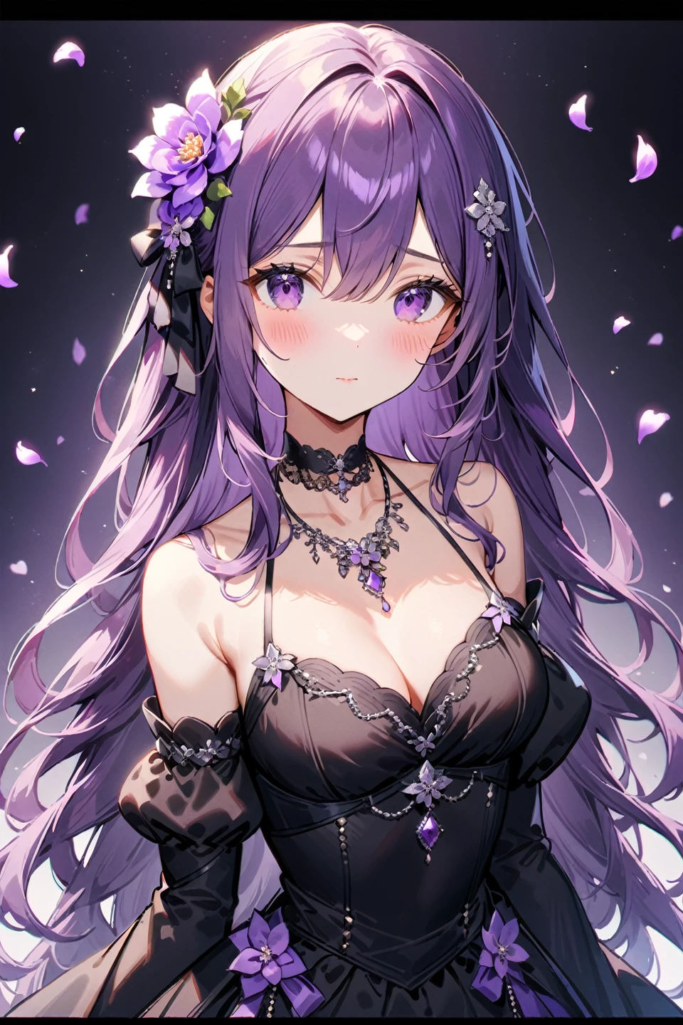 1girl, solo, long hair, blush, dress, purple eyes, jewelry, purple hair, looking at viewer, black dress, necklace, choker, hair ornament, bare shoulders, flower, detached sleeves, hair flower, breasts, artist name, puffy sleeves, black choker, upper body, hair between eyes, long sleeves, bangs, medium breasts, letterboxed, closed mouth, petals, very long hair, juliet sleeves --preset 3, ((medium quality)), ((medium quality))