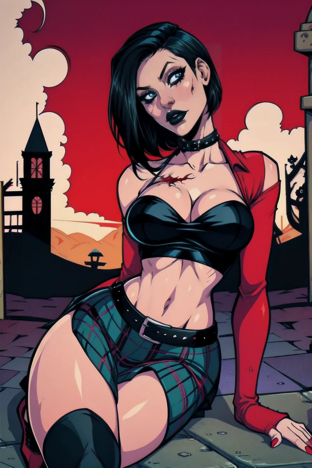 a woman with short black hair, hair on shoulders, wearing a black cropped and plaid skirt, blue eyes, zombie art, gothic art, cute aesthetic with vibe, toon aesthetic, wearing red costume, wearing gothic accessories, look like Cassie Hack, sitting on the ground, castle background