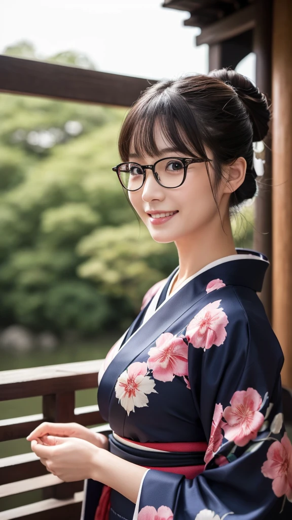 (Super beautiful woman in kimono)、((highest quality、8K masterpiece:1.3))、sharp focus:1.2、(super beautiful face:1.0)、(shiny skin:1.0)、realistic pictures、black hair、video lighting、High resolution eyes and face、video lighting、japanese actress、from the front、big breasts、with a happy smile、Slender abs beauty、whole body、wearing a kimono、in Kyoto、(((luxury obi)))、In Kyoto at night、wearing glasses with no edge、Brush your hair up with your fingers.