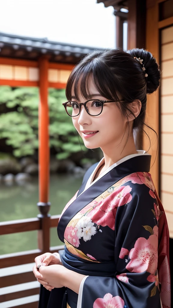 (Super beautiful woman in kimono)、((highest quality、8K masterpiece:1.3))、sharp focus:1.2、(super beautiful face:1.0)、(shiny skin:1.0)、realistic pictures、black hair、video lighting、High resolution eyes and face、video lighting、japanese actress、from the front、big breasts、with a happy smile、Slender abs beauty、whole body、wearing a kimono、in Kyoto、(((luxury obi)))、In Kyoto at night、wearing glasses with no edge、Brush your hair up with your fingers.