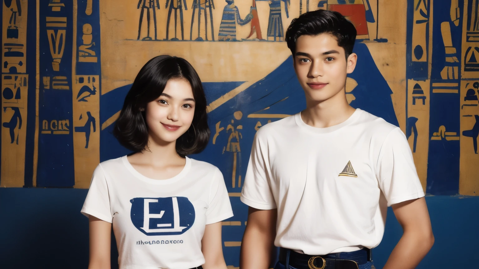 245 Inside the mural2people々々々々(An 18-year-old female and an 18-year-old male), short hair,kind, lipstick, Egyptian civilization, Waist belt, Hieroglyphics, smile