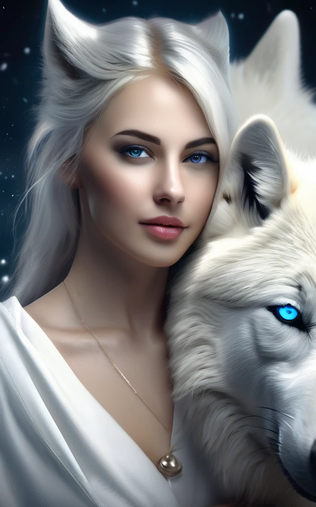 arafed photo of a woman with a white wolf, white wolf, wolfgirl, digital art. photo realistic, realistic digital art, a white wolf, female anthropomorphic wolf, photorealistic digital art, in style of wlop, fantasy wolf portrait, wolf like a human, realistic picture, photorealistic art style, white wolf with blue eyes