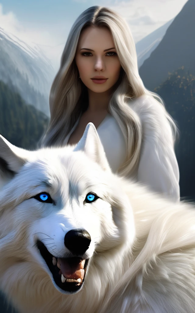 arafed photo of a woman with a white wolf, white wolf, wolfgirl, digital art. photo realistic, realistic digital art, a white wolf, female anthropomorphic wolf, photorealistic digital art, in style of wlop, fantasy wolf portrait, wolf like a human, realistic picture, photorealistic art style, white wolf with blue eyes