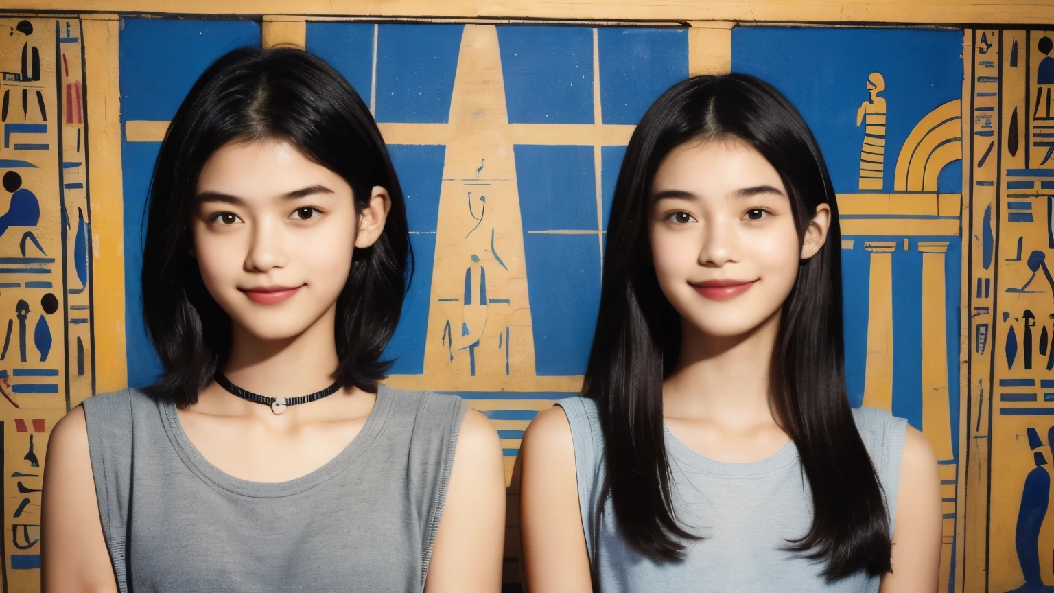 245 Inside the mural２people々々々々(An 18-year-old female and an 18-year-old male), short hair,kind, lipstick, Egyptian civilization, Waist belt, Hieroglyphics, smile