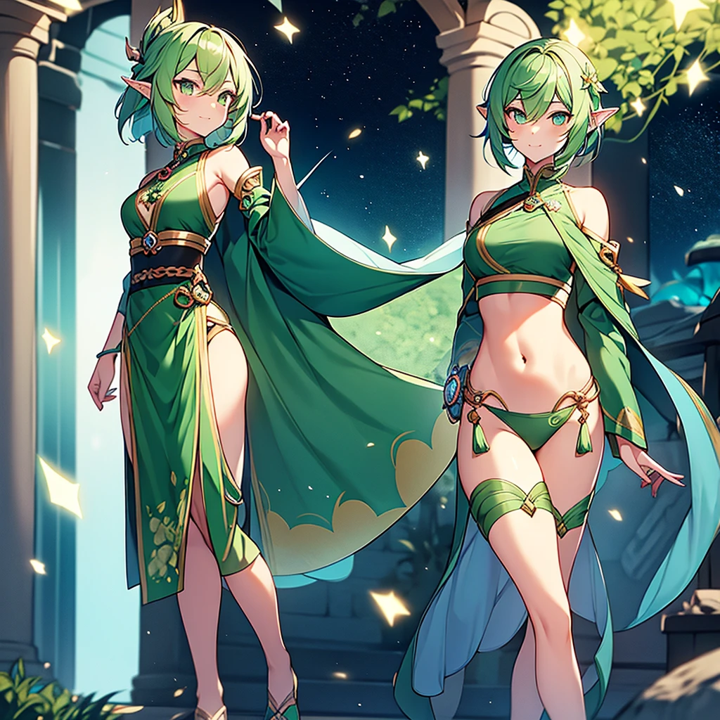 Pretty, beautiful, elf girl, elf, green hair, short hair, pretty hair, beautiful body, genshin impact design, fashion, fashion design, genshin impact, video game, full body, pretty face, starry clothes.