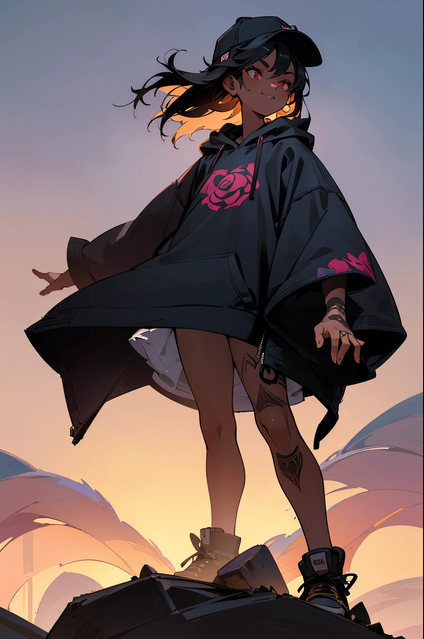 1female, adult, dark skin, finely detailed rose eyes, short messy hair, black ombré hair color, undercut, loose oversized hoodie, reverse baseball cap, standing with arms folded, standing on open trail, night, confident smile, village, serious, tattoos