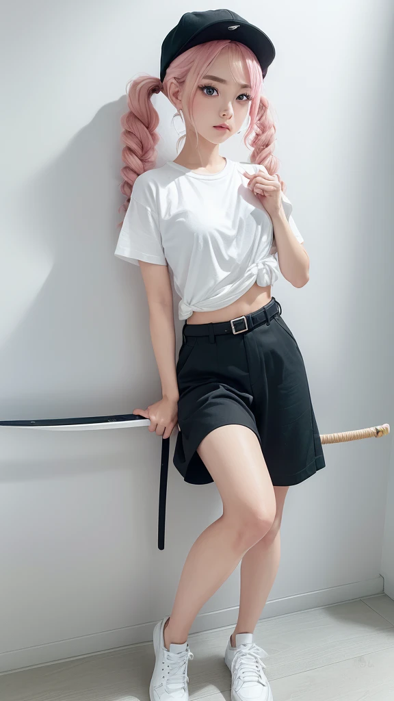 (In a pure white room with white wallpaper、Wearing a plain black cap、Plain whiteＴShirts and、A green belt is tied around the lower abdomen、Wear plain black trousers、Plain black shoes、while closing my eyes、Spread your arms wide and stick out your chest.、Right hand clenched、In his left hand he holds a Japanese sword in its sheath.、A pose where she looks a little confident, cute and cool.、Posting on social media、Japanese 38%and Ukraine 62%of mixed race children、Age 21、A beautiful and stylish woman、Her hair is pink ash gray and super long in twin tails, twisted and curly.、Eyebrows are thin, slightly thick and short、Those big blue eyes are so beautiful、His nose is high like an Englishman&#39;s、Plump lips) ［Fingers are not visible］(Always take photos alone)(I&#39;m very confident)(Height 178cm) (To portray with precision、Highest quality、Artistic composition、Super detailed、High resolution、Dynamic Lighting Effects、Golden Ratio、Silver ratio、Ultra-precise geometric pattern background) Do your best to fulfill all these conditions.。