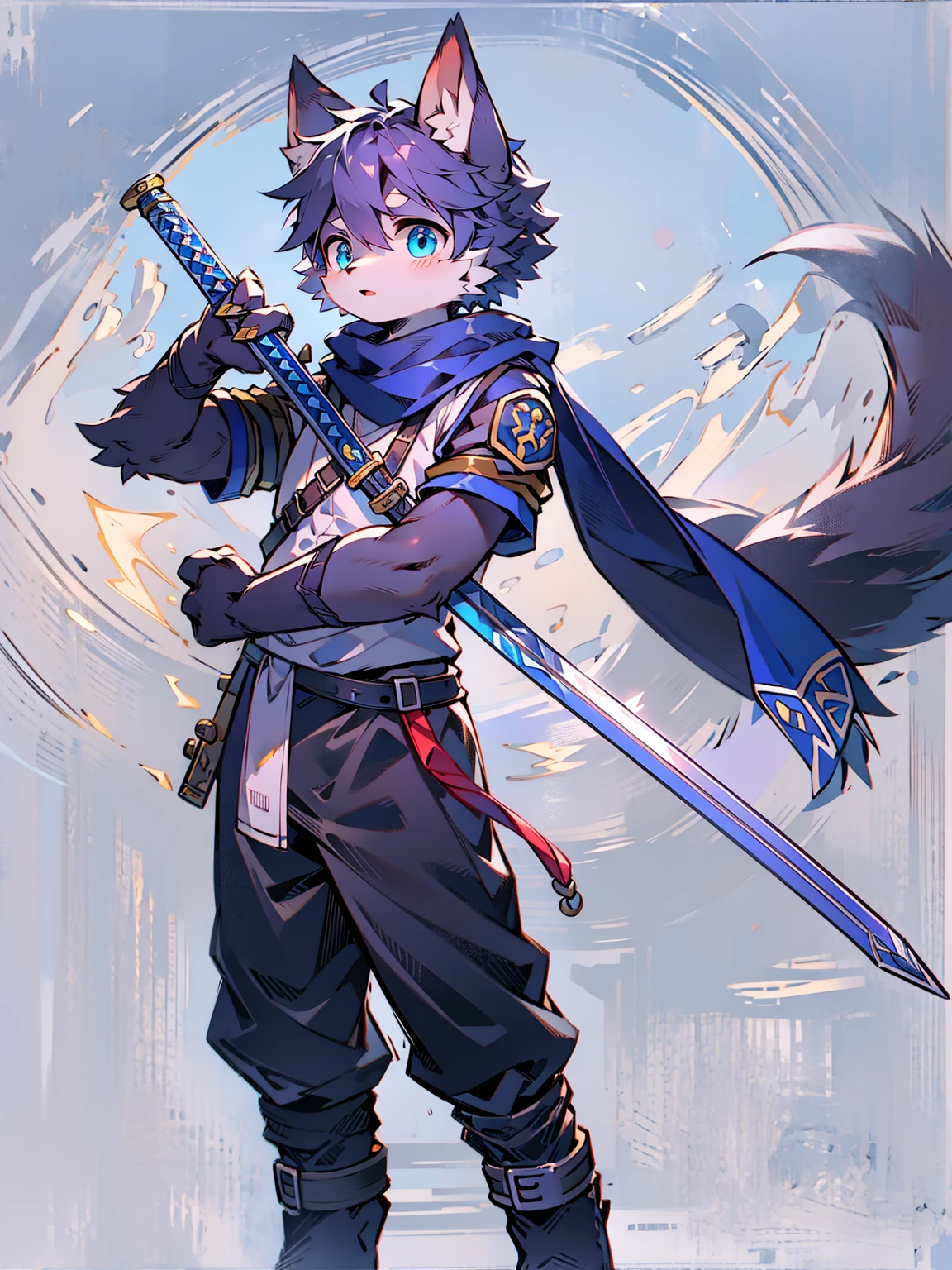 Wolf,juvenile,male,Gray-black fur,Sky blue eyes,Ancient combat uniform,scarf,Holding a long sword,Scabbard back,permanent,The only one,dawn,illumination,Break