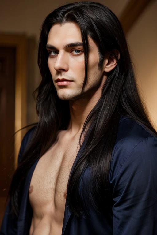 Young and tall lovely vampire man with big indigo eyes and long black hair
