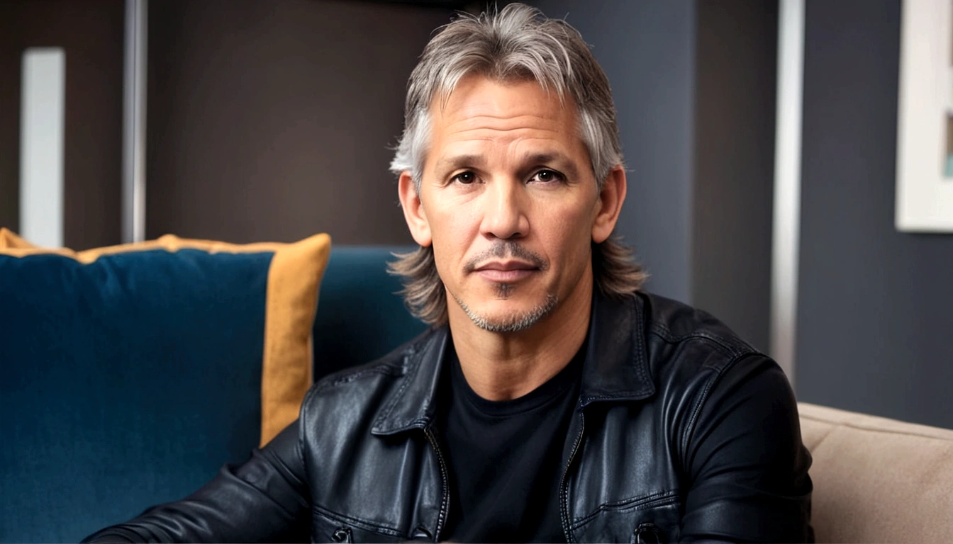 a young man called lineker, 50 years old, he has a face similar to Jon Bom Jovi, he has light hair, brown eyes, black blouse, black pants, black sneakers, he is sitting on his sofa with a serious face looking at his cell phone