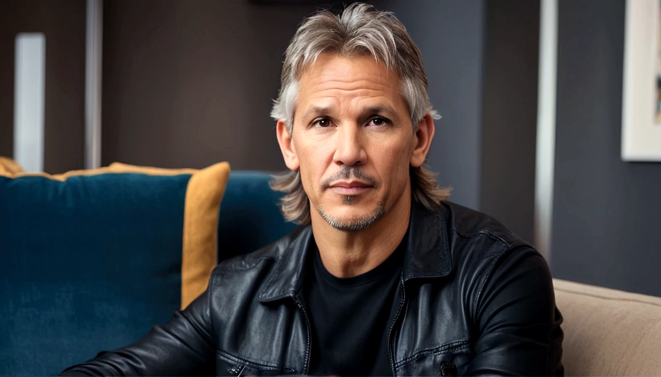 a young man called lineker, 50 years old, he has a face similar to Jon Bom Jovi, he has light hair, brown eyes, black blouse, black pants, black sneakers, he is sitting on his sofa with a serious face looking at his cell phone