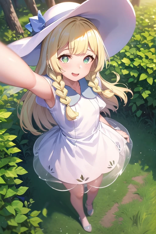 1 girl, masterpiece, top quality, lillie (pokemon), lillie, dress, green eyes, blonde hair, long hair, white dress, blush, white hat, big hat, selfie, selfie from above, looking at viewer, 10 years old, braids, twin braids, blonde, Full body image, outdoors, nature, sky, cute, happy, nice smile, young, bright sunlight, lily flower, have flowers, white lily, (masterpiece:1.2), best quality, high resolution, unity 8k wallpaper, (illustration:0.8), (beautiful detailed eyes:1.6), extremely detailed face, perfect lighting, extremely detailed CG, (perfect hands, perfect anatomy),