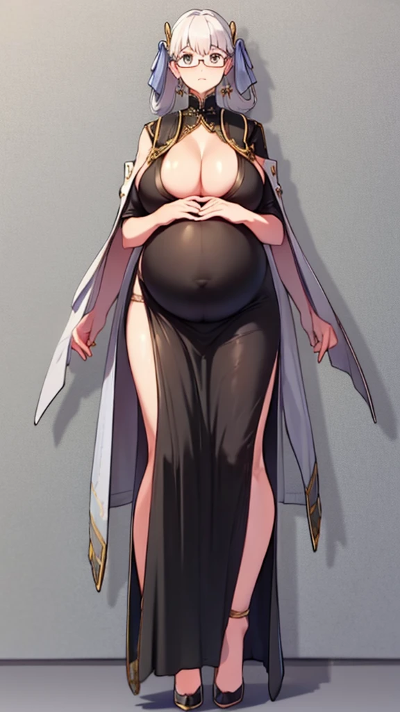 (Full body, glasses), An image of a pregnant girl with her belly on full display. She is a very voluptuous lady