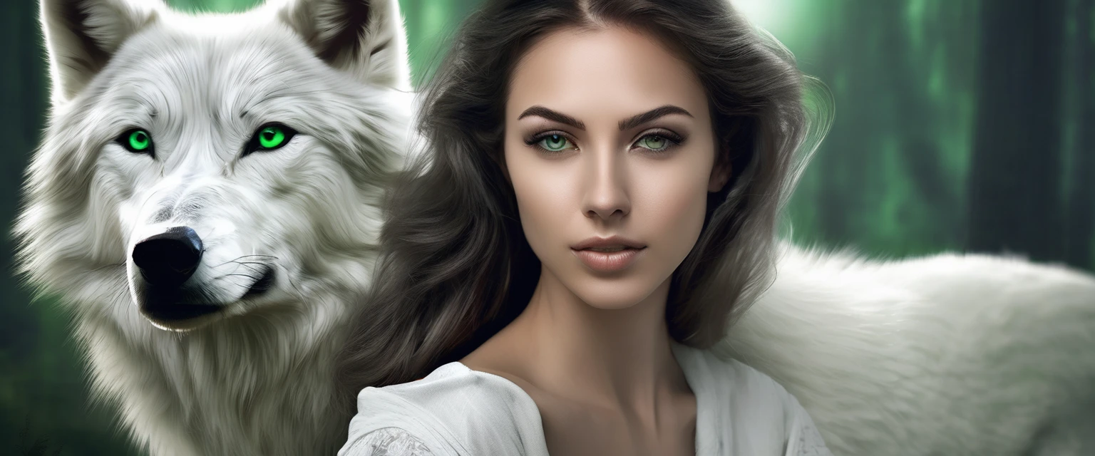 arafed photo of a woman with a white wolf, white wolf, wolfgirl, digital art. photo realistic, realistic digital art, a white wolf, female anthropomorphic wolf, photorealistic digital art, in style of wlop, fantasy wolf portrait, wolf like a human, realistic picture, photorealistic art style, white wolf with green eyes