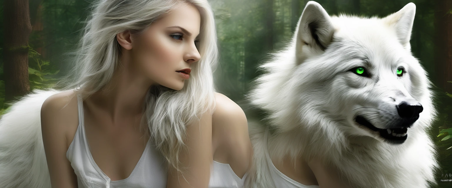 arafed photo of a woman with a white wolf, white wolf, wolfgirl, digital art. photo realistic, realistic digital art, a white wolf, female anthropomorphic wolf, photorealistic digital art, in style of wlop, fantasy wolf portrait, wolf like a human, realistic picture, photorealistic art style, white wolf with green eyes