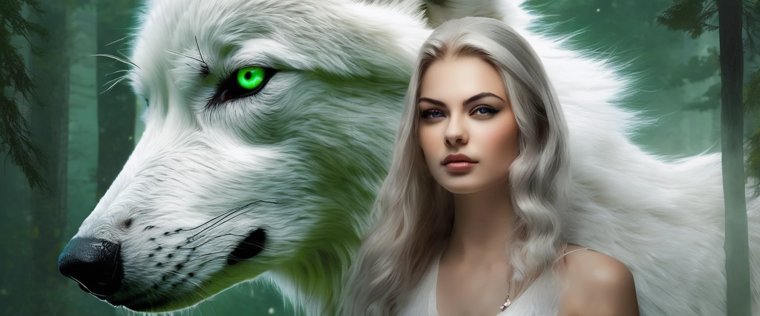 arafed photo of a woman with a white wolf, white wolf, wolfgirl, digital art. photo realistic, realistic digital art, a white wolf, female anthropomorphic wolf, photorealistic digital art, in style of wlop, fantasy wolf portrait, wolf like a human, realistic picture, photorealistic art style, white wolf with green eyes