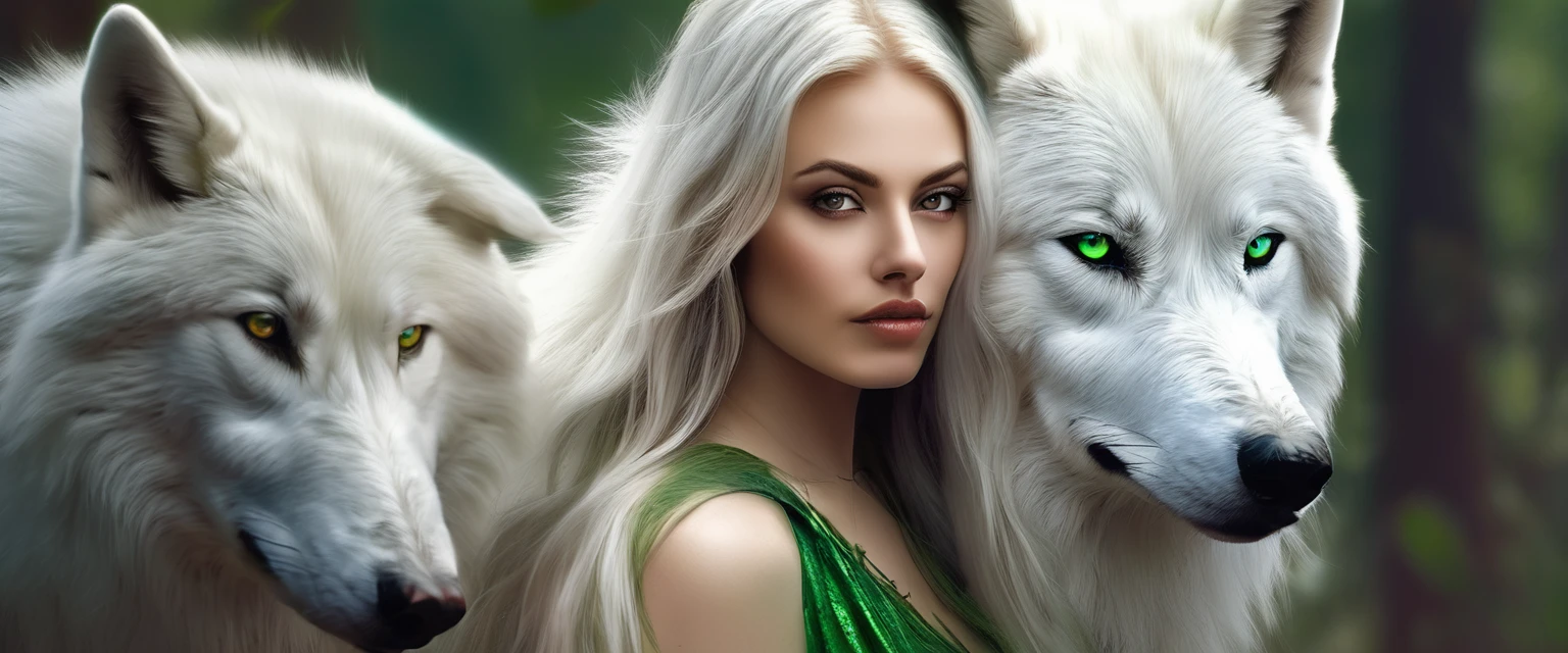 arafed photo of a woman with a white wolf, white wolf, wolfgirl, digital art. photo realistic, realistic digital art, a white wolf, female anthropomorphic wolf, photorealistic digital art, in style of wlop, fantasy wolf portrait, wolf like a human, realistic picture, photorealistic art style, white wolf with green eyes