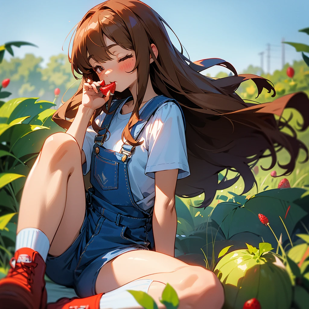 Light-skinned girl with long brown hair, fringe and a red bow on the back of her head, wearing blue dungarees with a white short-sleeved T-shirt with blue shorts and knee-high socks, eyes closed, red shoes in the background on a strawberry field with some with blush on their cheeks eating a strawberry