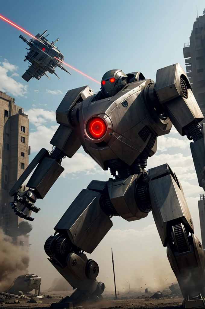 Generates a robot with stainless metal bones, red camera eyes, and a very futuristic laser machine gun in a war environment where robots populate humanity and the planet behind it, many of them. 