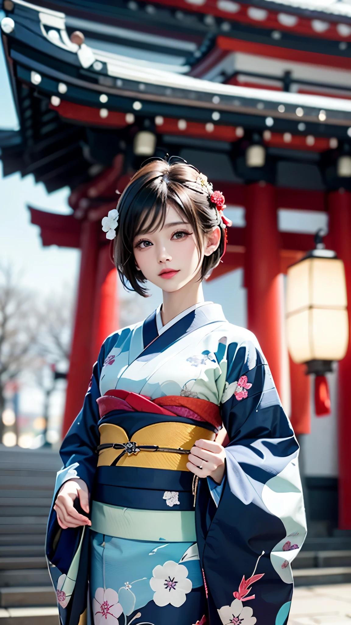 ((japanese kimono))、Snowy Japanese shrine background、(cowboy shot:1.3)、(UHigh resolution, retina, masterpiece, Accurate, Anatomically correct, Textured skin, Super detailed, Attention to detail, high quality, 最high quality, High resolution, 1080p, High resolution, 4K, 8k, 16K), (Beautiful fine details, Beautiful lip detail, Highly detailed eyes and face), Soft lighting, Physically Based Rendering, Vibrant colors, (Shiny Hair, Shiny skin), (Bokeh), Eye Reflexes,(short hair:1.4)