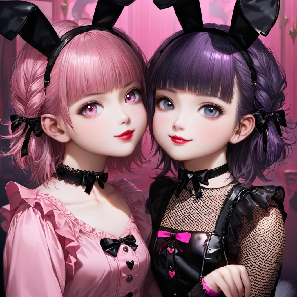 (kissig 2girls:1.5), (Twin girls, the same face, the same hairstyle, the same eyes, only different outfits,symmetrical posture, cheek-to-cheek:1.5).2girls with closs hair pin,pale purple hair,wavy two braids,blunt bangs hair,green and black eyes,(one girl is wearing 
pink shirt,cosplay, jirai kei, bangs, black skirt, black bow, looking at viewer, bow, long sleeves, choker, ribbon,pink lips, :1.4),(other girl is wearing red lips,Black bunny girl costume, red high heels,High leg, fishnet stockings, white bunny tail, black bunny ears:1.4 ), (masterpiece:1.3), anime visual, (Lovey-dovey:1.5), (tilt head:1.3), extremely delicate face, soft clean focus, realistic lighting and shading, (an extremely delicate and beautiful art:1.3), elegant, (muted colors:1.1), small breast,slim,The Moulin Rouge in Paris, mysterious pink light, a slightly dark room,,smiling,night lit,