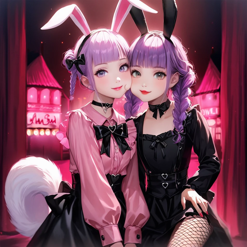 (kissig 2girls:1.5), (Twin girls, the same face, the same hairstyle, the same eyes, only different outfits,symmetrical posture, cheek-to-cheek:1.5).2girls with closs hair pin,pale purple hair,wavy two braids,blunt bangs hair,green and black eyes,(one girl is wearing
pink shirt,cosplay, jirai kei, bangs, black skirt, black bow, looking at viewer, bow, long sleeves, choker, ribbon,pink lips, :1.4),(other girl is wearing red lips,Black bunny girl costume, red high heels,High leg, fishnet stockings, white bunny tail, black bunny ears:1.4 ), (masterpiece:1.3), anime visual, (Lovey-dovey:1.5), (tilt head:1.3), extremely delicate face, soft clean focus, realistic lighting and shading, (an extremely delicate and beautiful art:1.3), elegant, (muted colors:1.1), small breast,slim,The Moulin Rouge in Paris, mysterious pink light, a slightly dark room,,smiling,night lit,
